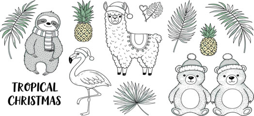 Obraz premium A collection of cute hand-drawn tropical Christmas animals and plants, including a sloth, llama, flamingo and bears wearing festive hats