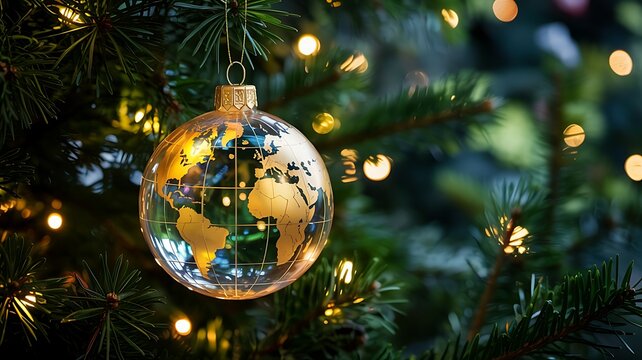 A unique golden globe christmas ornament reflecting festive lights and evergreen branches symbolizing global holiday spirit and celebration - Powered by Adobe