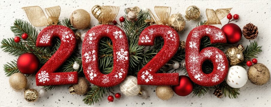 Festive 2026 New Year banner with bold red glitter numbers and holiday decorations - Powered by Adobe