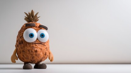 A whimsical character resembling a pineapple with large eyes and a sad expression, This image can be used for children's products, marketing, educational materials, or fun social media posts,