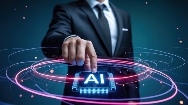 Businessman touching a glowing ai chip interface surrounded by swirling neon light rings, representing future technology and innovation