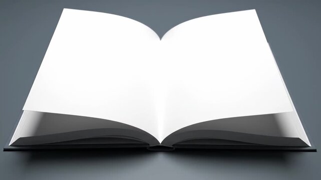 Blank open book with a page turning, ready for text or design on a dark grey background
