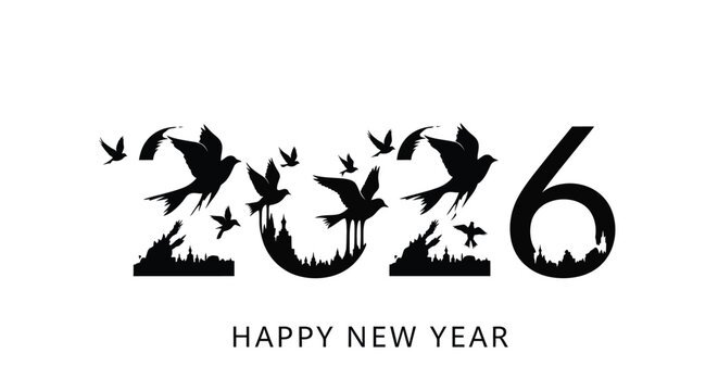 The year 2026 formed by silhouetted birds and floral elements for new year