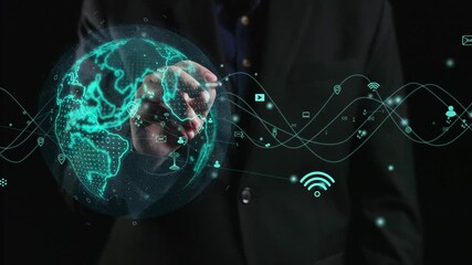 Explore a digital communication network concept featuring a hand interacting with a globe, illustrating global connectivity through technology and innovation. Cipher - Powered by Adobe