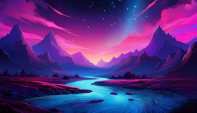 a vibrant neon landscape showcases majestic purple mountains and a glowing blue river winding through the valleys under a dark and starlit magenta sky above