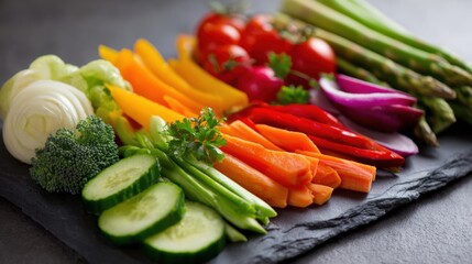 Colorful assortment of fresh vegetables including cucumbers, peppers, tomatoes, and herbs laid out on a textured black surface, ideal for cooking or salad preparation.