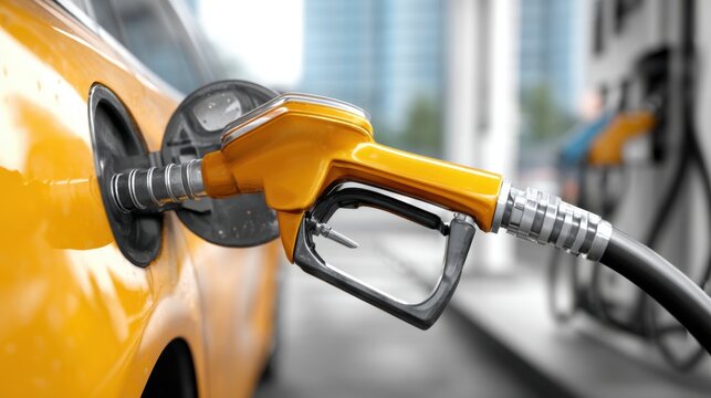 A bright yellow car is being refueled at a bustling city gas station. The fuel pump nozzle is inserted, and the surroundings are filled with tall buildings and bright sunlight. - Powered by Adobe