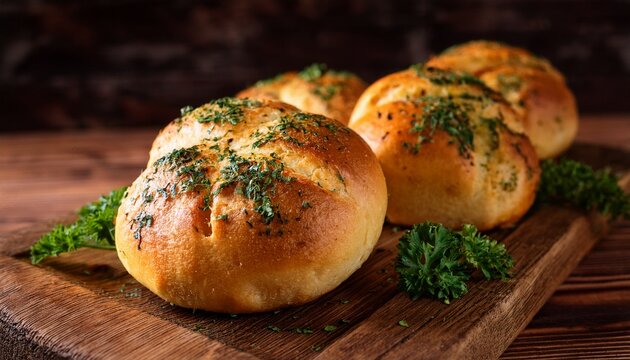 freshly baked herb infused bread rolls on a rustic wooden board