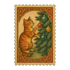 PNG Vintage cat Christmas stamp illustration.