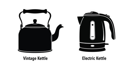 A comparison of vintage and modern electric kettle designs in black and white