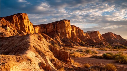 Obraz premium Desert canyon cliffs sunset with terracotta red rocks sandy beige ground and glowing orange sky
