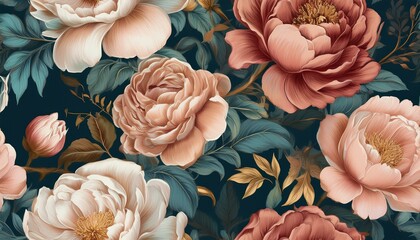 artistic vintage floral wallpaper with elegant roses and peonies seamless pattern