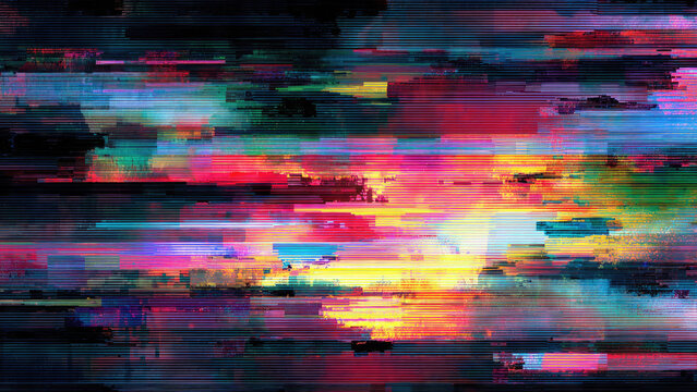 An abstract digital art piece showing a dynamic glitch effect with horizontal lines and a vibrant spectrum of colors.