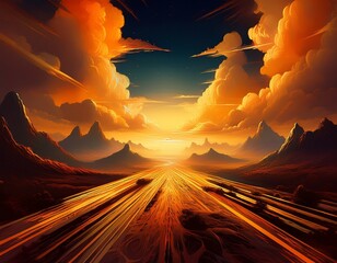 mystical landscape with orange clouds and leading lines in the sky