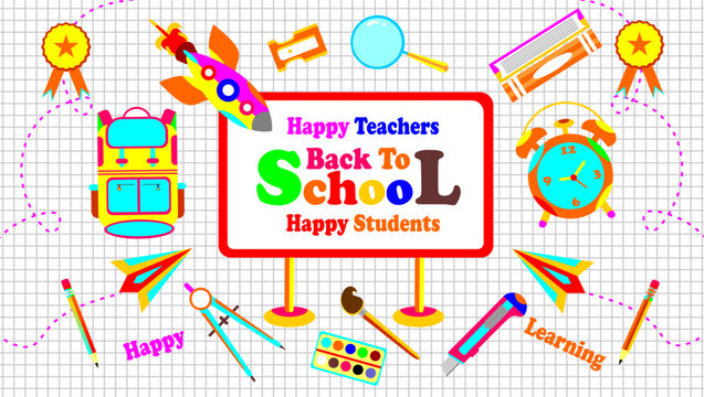 Back to school banner. Back to school concept vector. Library themed set elements. School stationery stickers on grid paper. Set of education elements. Collection of education school icons. 