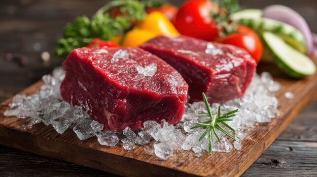 Two pieces of fresh raw beef steak sit on a wooden cutting board covered with ice, surrounded by a vibrant assortment of vegetables like tomatoes, peppers, and herbs. - Powered by Adobe