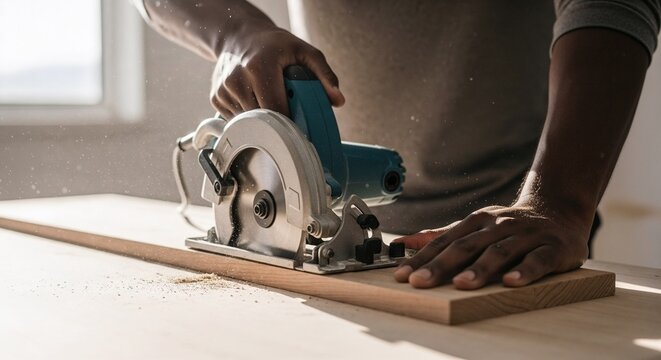 Black man cutting wooden board with circular saw in workshop light