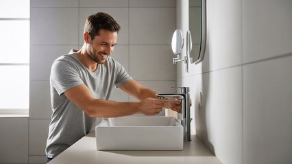 White man repairing bathroom tap with smile in modern tiled interior