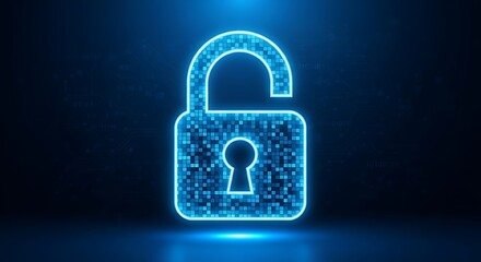 Digital open padlock glowing blue on dark background