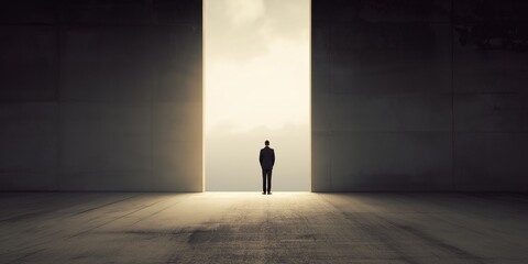 Silhouette of man in doorway, new beginning concept, emotional raw expression