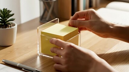 Close-up of female hands taking a yellow sticky note from a clear dispenser on a sunny wooden office desk, perfect for workflow organization and planning communication. - Powered by Adobe