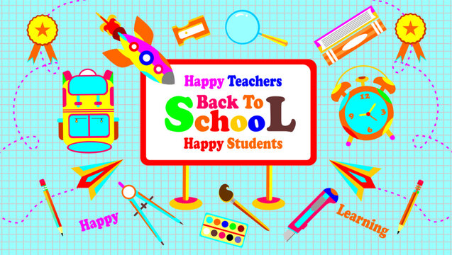 Back to school banner. Back to school concept vector. Library themed set elements. School stationery stickers on grid paper. Set of education elements. Collection of education school icons.  - Powered by Adobe