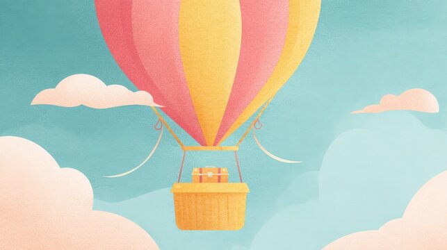 A vibrant hot air balloon floats above soft clouds, conveying a sense of adventure and joy, Ideal for themes of travel, celebration, and inspiration in marketing materials, social media