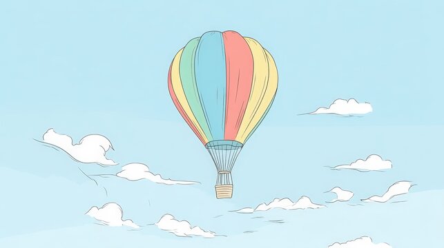 A colorful hot air balloon floats peacefully in a clear blue sky, surrounded by fluffy clouds, This image is ideal for travel, adventure, or uplifting themes in marketing and design,
