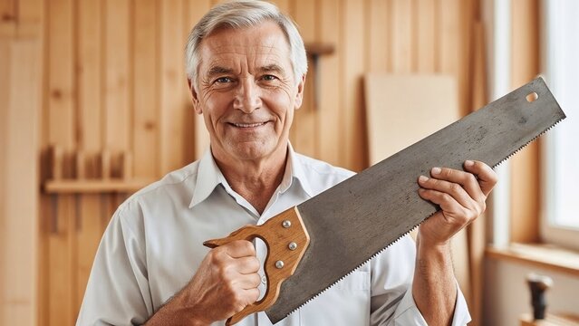 Smiling older white man holding hand saw in wooden workshop with copy space