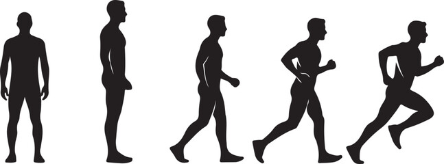 Silhouettes of a man in various stages of movement: standing, walking, and running