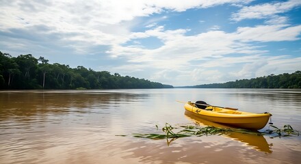 A scenic riverside view features a yellow kayak gently floating in calm, brown water, framed by lush green trees and a cloudy sky