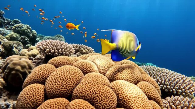 Vibrant blue and yellow emperor angelfish swimming among diverse coral reefs in clear blue ocean water