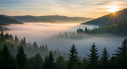 A scenic sunrise bathes a mountainous valley in golden light, with layers of fog filling the space below the treetops