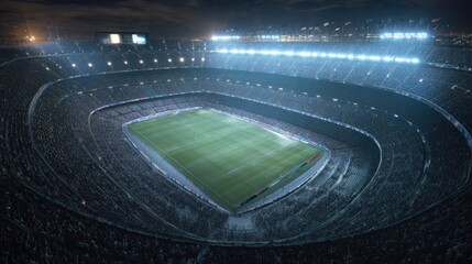 A vibrant crowd fills the stadium as fans cheer for their favorite teams during an intense soccer match. The floodlights illuminate the green field, creating an electrifying atmosphere.