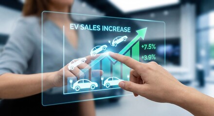 Person interacting with a digital interface showing an increase in electric vehicle sales with rising percentages