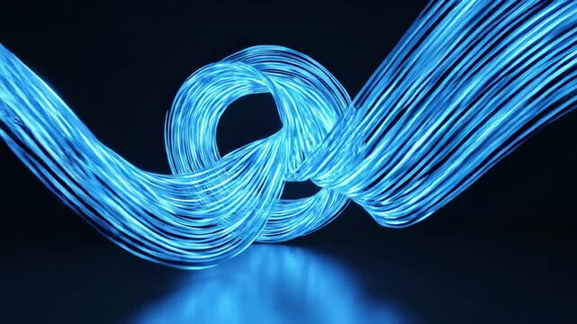 Glowing blue fiber optic cables forming an abstract wavy pattern on a dark reflective surface