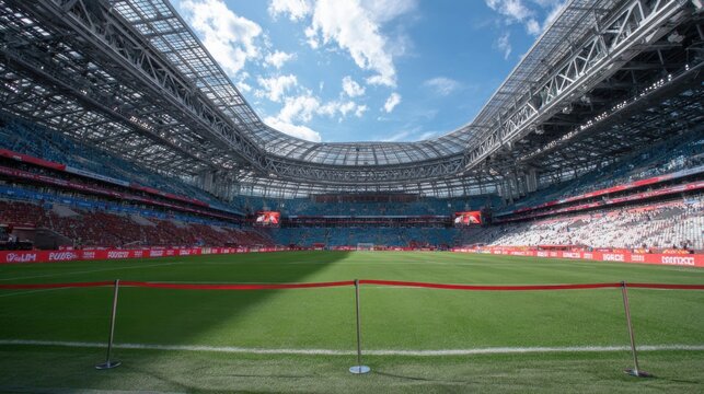 A spacious soccer stadium awaits the start of a match under a clear blue sky. The vibrant green field contrasts with the modern architecture and seating arrangements. - Powered by Adobe