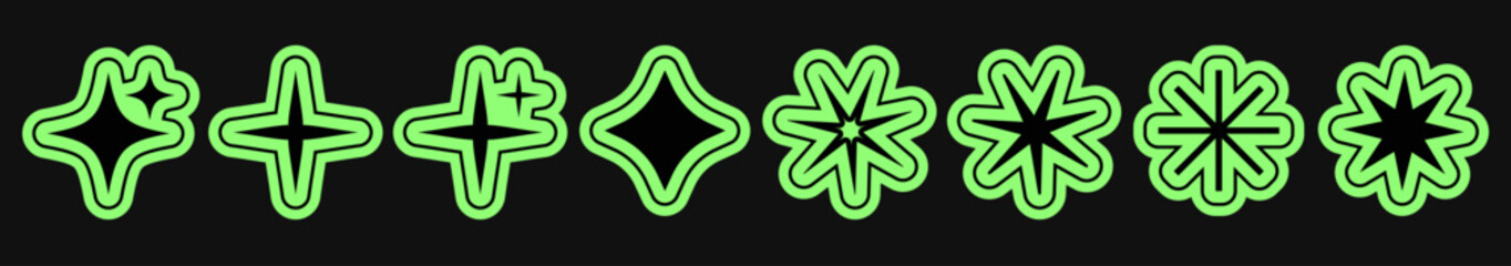 Neon green glow star shapes in a y2k. Bright luminous outlines create a modern cosmic look. Smooth geometric forms add a futuristic vibe, perfect for patterns, prints, and creative projects.
