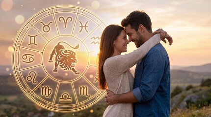 Couple embracing with zodiac wheel featuring Leo symbol during sunset