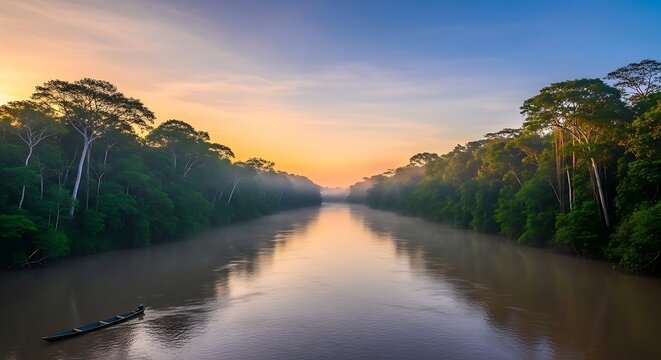 A scenic sunrise paints the sky above a calm river winding through a lush green rainforest with a lone boat - Powered by Adobe