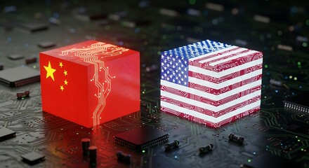 Cubes representing china and usa flags on a circuit board symbolizing technology and trade