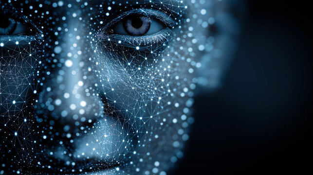 Face scan visualization digital dots lines abstract human face biometric technology blue color futuristic artificial intelligence security emotionless expression