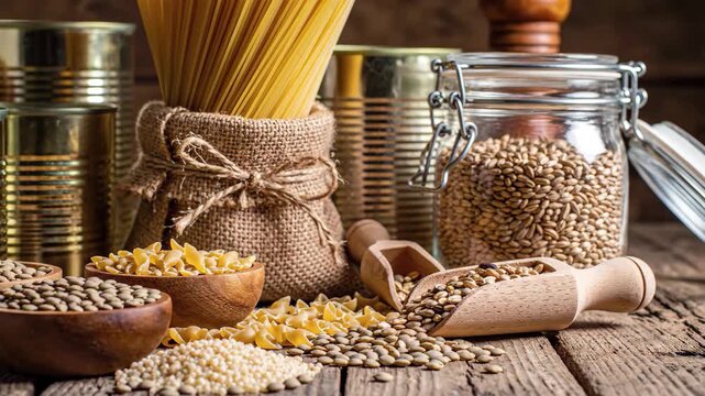 Assortment of dry pantry staples pasta, lentils, and grains on a rustic wooden table