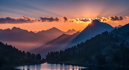 A scenic sunset paints the sky over a mountain range, with sunlight breaking through the clouds. A tranquil lake sits below