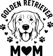 Golden Retriever Vector Graphic, Smiling Dog with Paw Prints, Hearts and "Mom" Text for Pet Lovers Designs