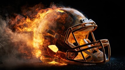 A football helmet is engulfed in flames, symbolizing fierce competition and excitement in sports. The fiery display captures the essence of the game and its adrenaline-filled atmosphere.