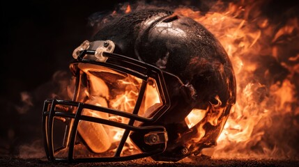 A football helmet is surrounded by bright flames, creating a dramatic visual effect. This powerful image captures the intensity of competitive sports at night.