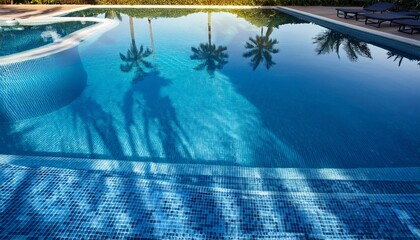 beautiful sunlight reflections on a swimming pool with palm tree shadows by the edge