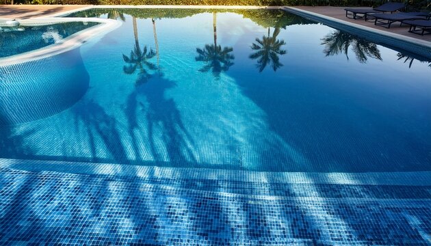 beautiful sunlight reflections on a swimming pool with palm tree shadows by the edge - Powered by Adobe