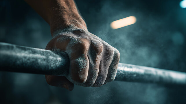 Strong hand gripping metal barbell chalk dust in air intense focus close up macro gym workout strength training determination fitness motivation powerlifting
